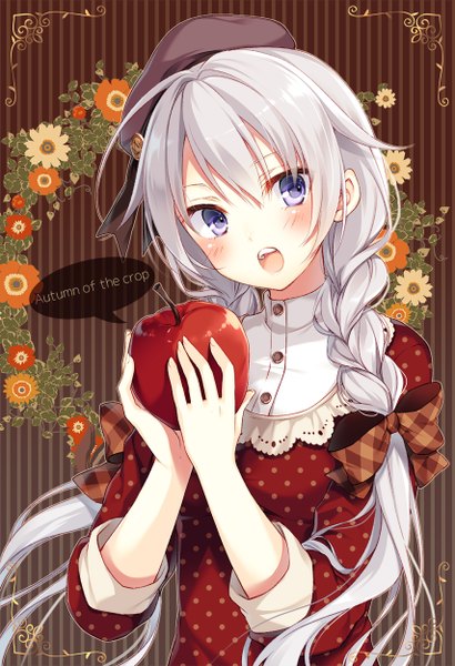 Anime picture 854x1250 with original toosaka asagi single long hair tall image looking at viewer blush fringe open mouth blue eyes white hair braid (braids) girl dress flower (flowers) bow hair bow beret fruit apple