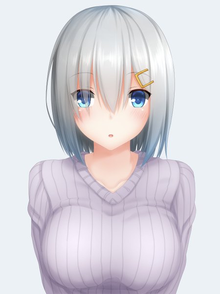 Anime picture 1200x1600 with kantai collection hamakaze destroyer tapisuke single tall image looking at viewer blush short hair open mouth blue eyes silver hair girl turtleneck