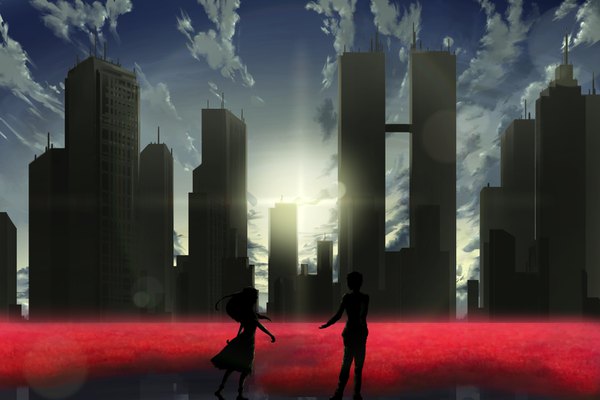 Anime picture 1650x1100 with original kijineko sky cloud (clouds) sunlight lens flare city cityscape sunbeam silhouette morning sunrise girl dress boy building (buildings) sun skyscraper