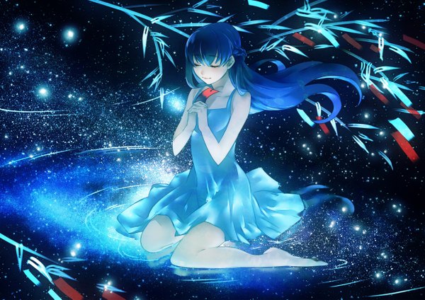 Anime picture 2500x1770 with original tamachi kuwa single fringe highres breasts blue eyes holding braid (braids) eyes closed barefoot light smile bare legs glowing side braid soft beauty tanabata girl dress leaf (leaves)