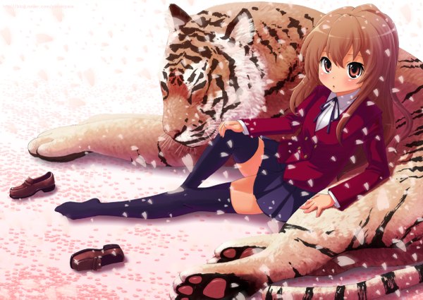 Anime picture 1200x851 with toradora j.c. staff aisaka taiga cloverpeia long hair blush brown hair brown eyes bent knee (knees) eyes closed pleated skirt :o girl thighhighs skirt uniform black thighhighs school uniform animal petals