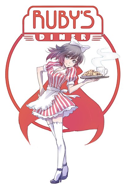 Anime picture 1500x2213 with rwby rooster teeth ruby's diner ruby rose iesupa single tall image looking at viewer fringe breasts black hair simple background smile standing white background holding cleavage full body red hair multicolored hair