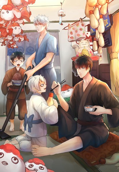 Anime picture 709x1024 with gintama hoozuki no reitetsu sunrise (studio) wit studio sakata gintoki hijikata toshiro nasubi (hoozuki no reitetsu) karauri kakuso (artist) tall image short hair open mouth blue eyes black hair red eyes sitting silver hair full body traditional clothes barefoot