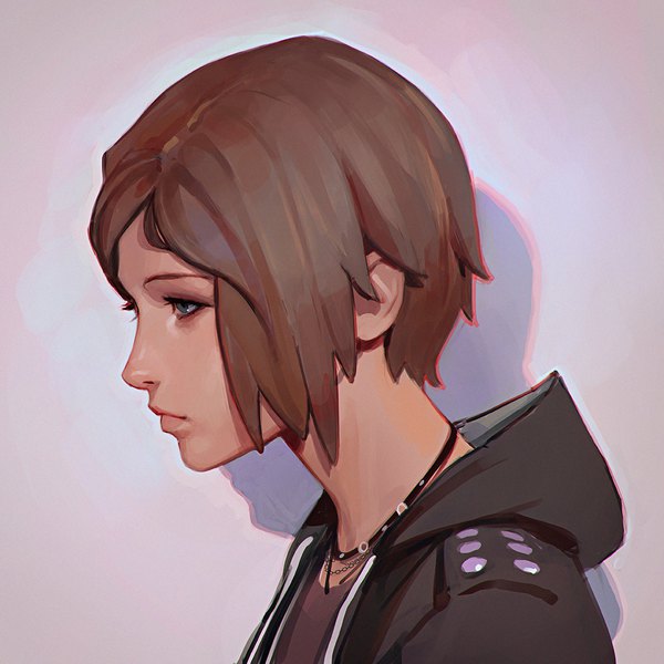 Anime picture 1080x1080 with life is strange chloe price ilya kuvshinov single short hair simple background brown hair looking away upper body profile lips open jacket shadow grey eyes portrait expressionless purple background unbuttoned girl jacket