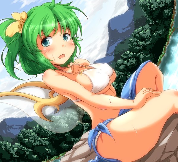 Anime picture 1100x1000 with touhou daiyousei yoriyuki chiyo single looking at viewer blush short hair light erotic aqua eyes green hair one side up girl ribbon (ribbons) hair ribbon wings bikini top