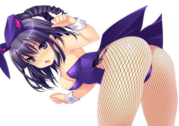 Anime picture 1771x1254 with beatmania beatmania iidx hifumi kinoshita ichi single blush highres short hair breasts open mouth light erotic black hair simple background white background purple eyes bunny ears drill hair girl bunnysuit