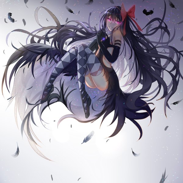 Anime picture 1000x1000 with mahou shoujo madoka magica shaft (studio) akemi homura akuma homura plipa single long hair looking at viewer fringe black hair simple background smile hair between eyes bare shoulders full body bent knee (knees) pink eyes zettai ryouiki gradient background floating hair