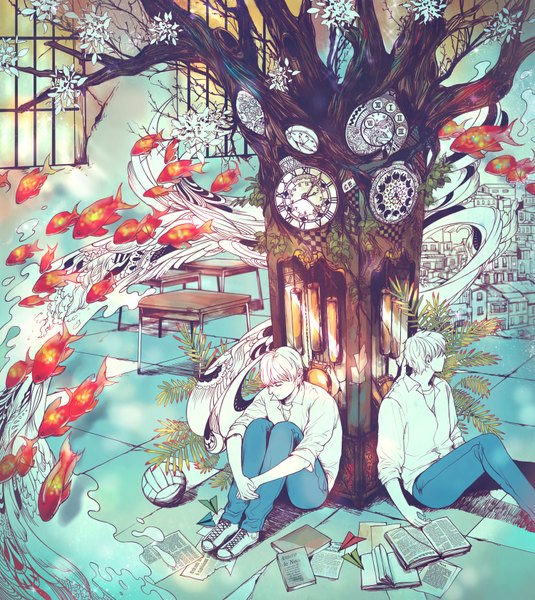 Anime picture 1500x1682 with original mustard (pixiv) tall image short hair sitting white hair classroom boy plant (plants) shirt tree (trees) water book (books) pants clock fish (fishes) ball paper paper airplane volleyball ball