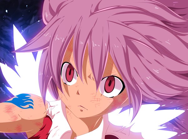 Anime picture 5425x4000 with fairy tail wendy marvell tongasart single long hair highres red eyes pink hair absurdres loli tattoo coloring torn clothes magic close-up girl uniform school uniform