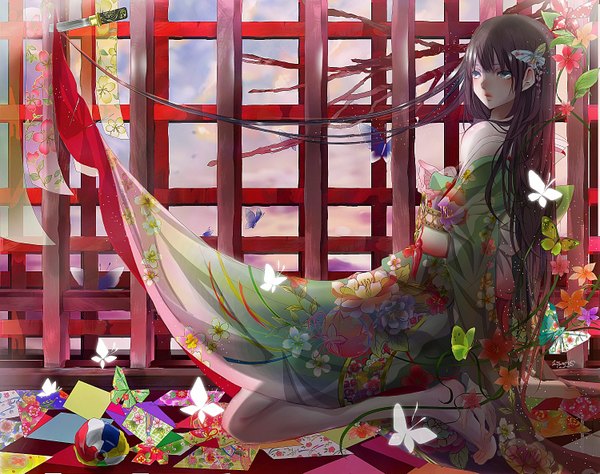 Anime picture 1500x1187 with original mimoto.s single long hair tall image fringe brown hair sitting indoors traditional clothes japanese clothes barefoot aqua eyes bare legs legs expressionless floor girl hair ornament flower (flowers)