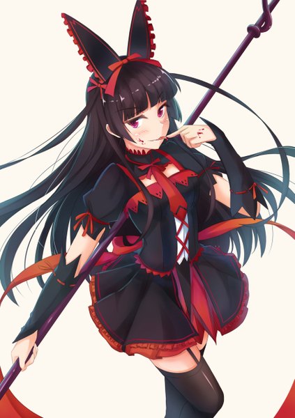 Anime picture 903x1280 with gate - jieitai ka no chi nite kaku tatakaeri a-1 pictures rory mercury keikei (kitty colors) single long hair tall image looking at viewer blush fringe breasts black hair standing white background holding bent knee (knees) blunt bangs from above puffy sleeves licking
