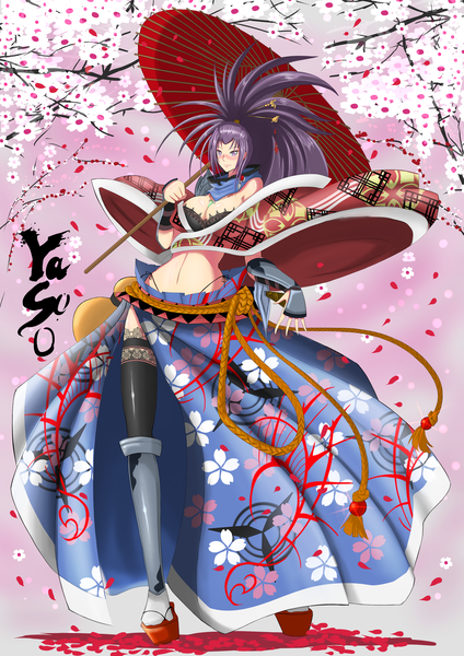 Anime picture 1736x2456 with league of legends yasuo (league of legends) torahime (roland00) single long hair tall image blush highres light erotic black hair purple eyes traditional clothes japanese clothes genderswap girl thighhighs underwear panties black thighhighs lingerie