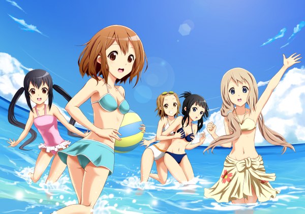 Anime picture 2492x1750 with k-on! kyoto animation akiyama mio hirasawa yui nakano azusa kotobuki tsumugi tainaka ritsu highres multiple girls girl swimsuit 5 girls