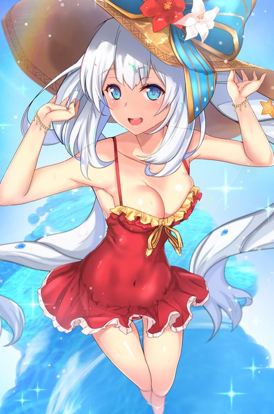 Anime picture 1182x1785 with fate (series) fate/grand order marie antoinette (fate/grand order) marie antoinette (swimsuit caster) (fate) untue single long hair tall image fringe breasts open mouth blue eyes light erotic large breasts twintails cleavage white hair :d from above arms up