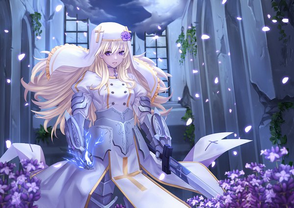 Anime picture 1191x842 with original valerie of limoges whitem (whiteemperor2020) single long hair blonde hair standing purple eyes cloud (clouds) parted lips wind lips night night sky glowing looking down ruins destruction girl flower (flowers)