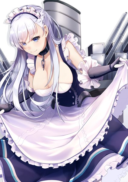 Anime picture 706x1000 with azur lane belfast (azur lane) kito koruta single long hair tall image looking at viewer fringe breasts blue eyes light erotic smile large breasts cleavage silver hair maid leaning leaning forward girl uniform