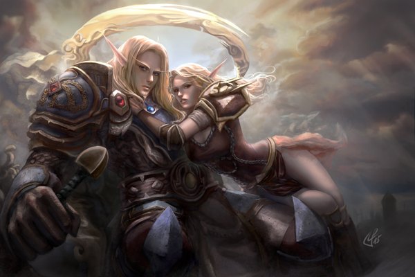 Anime picture 3000x2000 with world of warcraft blizzard entertainment blood elf aiva blue (artist) long hair looking at viewer highres blue eyes blonde hair sky lips pointy ears elf girl boy