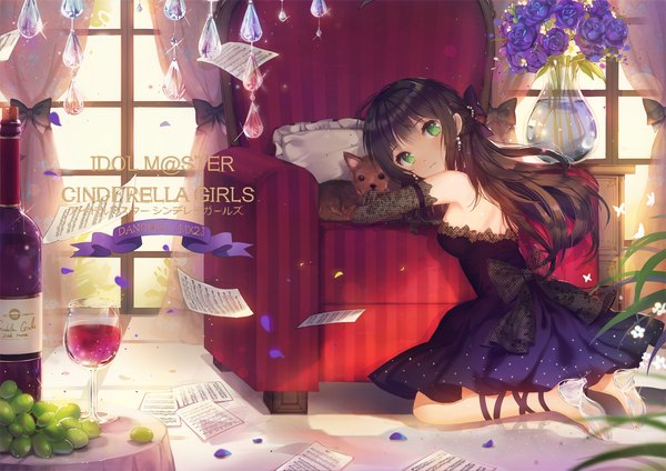 Anime picture 1400x990 with idolmaster idolmaster cinderella girls shibuya rin dangmill single long hair looking at viewer black hair green eyes copyright name girl dress gloves flower (flowers) animal petals elbow gloves alcohol paper armchair
