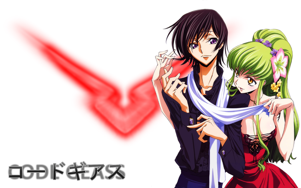 Anime picture 1920x1200 with code geass sunrise (studio) c.c. lelouch lamperouge long hair fringe highres short hair breasts wide image white background purple eyes bare shoulders yellow eyes cleavage green hair couple girl boy