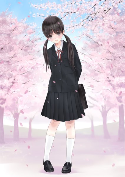 Anime picture 2480x3507 with original chikuwa (odennabe) long hair tall image blush highres open mouth black hair black eyes cherry blossoms girl skirt uniform school uniform petals socks white socks