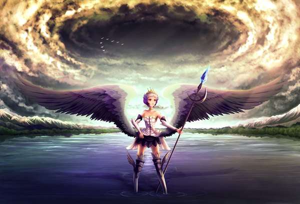 Anime picture 1600x1093 with odin sphere vanillaware gwendolyn minusion short hair sky purple hair cloud (clouds) nature flock girl animal wings bird (birds) staff crown
