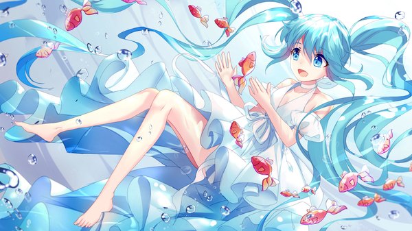Anime picture 1920x1080 with vocaloid hatsune miku bison cangshu single fringe highres open mouth blue eyes wide image twintails bare shoulders looking away very long hair barefoot bare legs girl dress detached sleeves animal white dress