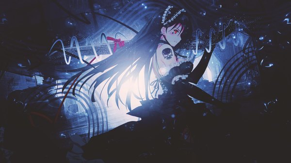 Anime picture 1920x1080 with original dinocojv single long hair blush highres breasts black hair smile red eyes wide image bare shoulders looking away profile teeth maid tattoo girl dress gloves