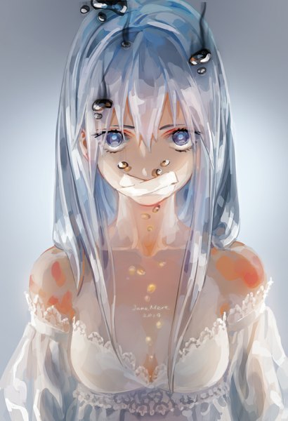 Anime picture 683x1000 with original jane mere single long hair tall image looking at viewer fringe blue eyes bare shoulders blue hair cleavage blue background girl bubble (bubbles)