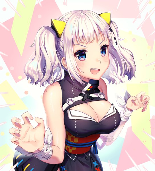 Anime picture 877x967 with virtual youtuber the moon studio kaguya luna rosuuri single tall image blush fringe short hair breasts open mouth blue eyes light erotic standing twintails bare shoulders signed cleavage silver hair upper body