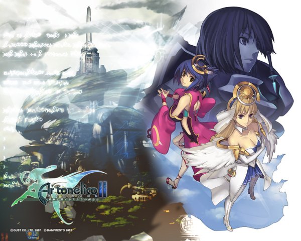 Anime picture 1280x1024 with ar tonelico ar tonelico ii gust (company) chroche latel pastalie luca truelywaath frelia chroah vatel nagi ryou long hair looking at viewer fringe short hair breasts light erotic blonde hair smile large breasts purple eyes bare shoulders multiple girls