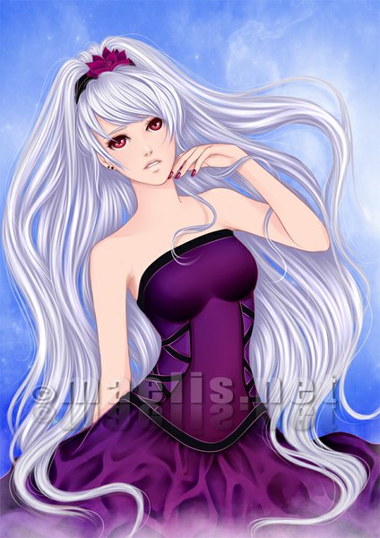 Anime picture 636x900 with original m-aelis single tall image fringe breasts red eyes bare shoulders signed silver hair ponytail very long hair nail polish sleeveless girl dress purple dress