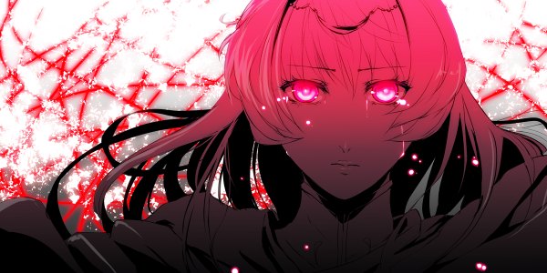 Anime picture 1200x600 with record of lodoss war neese pizaya single long hair looking at viewer wide image pink hair pink eyes tears glowing monochrome close-up glowing eye (eyes) girl hair ornament jewelry tiara