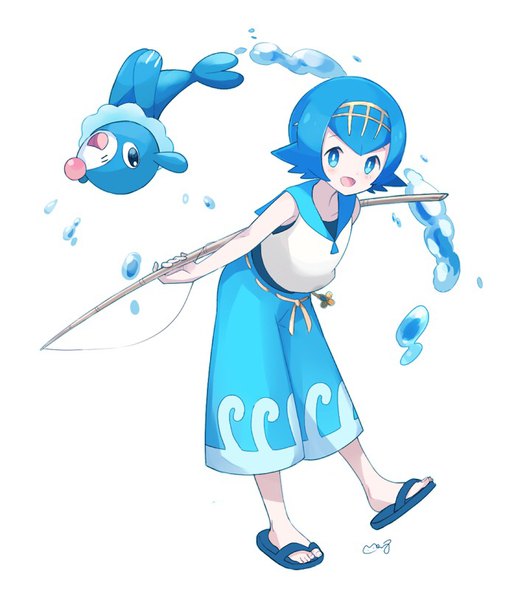 Anime picture 700x814 with pokemon pokemon sm nintendo lana (pokemon) popplio mei (maysroom) single tall image looking at viewer short hair open mouth blue eyes simple background white background signed blue hair full body :d leaning leaning forward