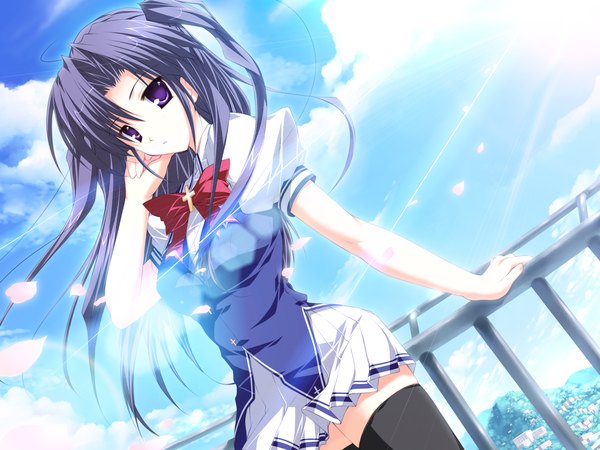 Anime picture 1512x1134 with lyrical lyric takami rin mikeou single long hair looking at viewer twintails purple eyes game cg sky purple hair cloud (clouds) wind sunlight dutch angle sunbeam girl thighhighs uniform black thighhighs