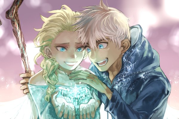 Anime picture 1080x720 with frozen (disney) rise of the guardians disney dreamworks elsa (frozen) jack frost (rise of the guardians) momomosae long hair short hair open mouth blue eyes blonde hair smile bare shoulders white hair braid (braids) magic single braid looking down girl