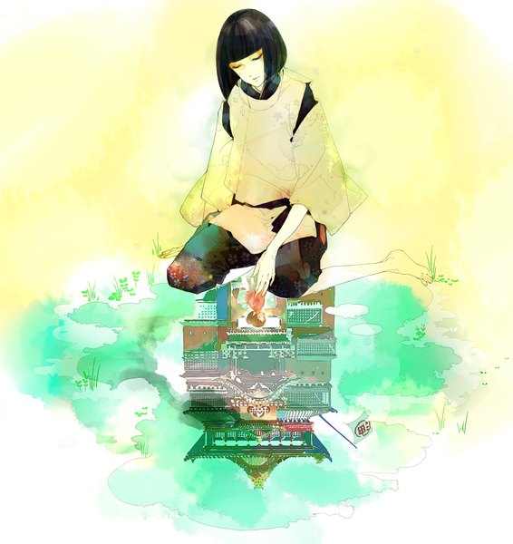 Anime picture 1700x1800 with spirited away studio ghibli haku (spirited away) ogino chihiro molatoliamu tall image short hair black hair brown hair sitting eyes closed traditional clothes japanese clothes barefoot light smile floral print girl boy water building (buildings)