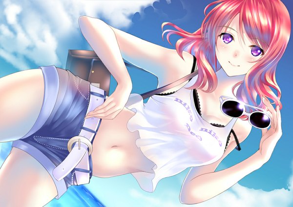 Anime picture 1024x724 with love live! school idol project sunrise (studio) love live! nishikino maki ponytail korosuke single long hair looking at viewer blush fringe breasts light erotic smile purple eyes sky cleavage cloud (clouds) red hair bare belly dutch angle