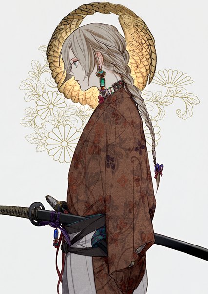 Anime picture 1931x2717 with original tayuya1130 single long hair tall image highres blue eyes blonde hair standing holding looking away ahoge long sleeves traditional clothes japanese clothes profile floral print dual wielding sheathed girl