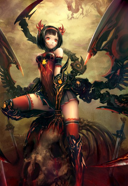 Anime picture 691x999 with original shouin single tall image fringe short hair breasts black hair red eyes bare shoulders looking away bent knee (knees) blunt bangs pleated skirt zettai ryouiki facial mark fantasy dragon girl bloody weapon mechanical wings