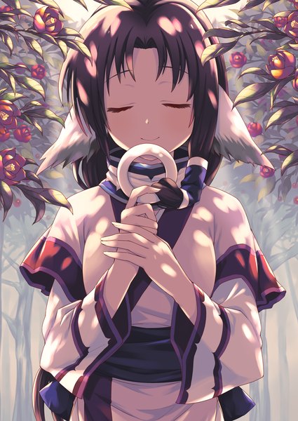 Anime picture 724x1023 with utawareru mono eruruw kano hito single long hair tall image blush breasts smile brown hair holding animal ears upper body eyes closed long sleeves traditional clothes sunlight wide sleeves sunbeam girl