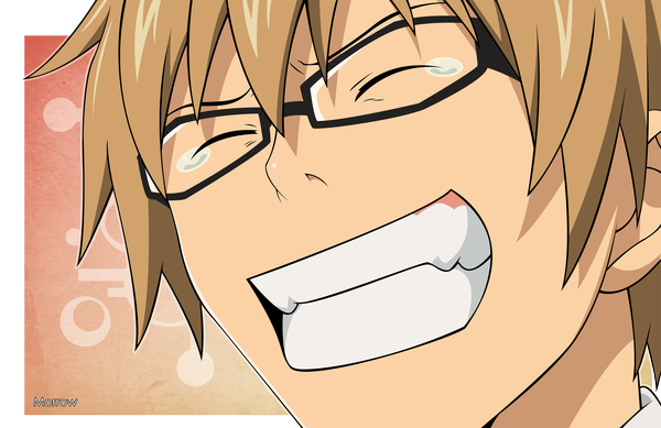 Anime picture 2000x1299 with bakuman. j.c. staff akito takagi morrow single highres simple background blonde hair smile eyes closed tears grin border portrait close-up ^ ^ vector boy glasses
