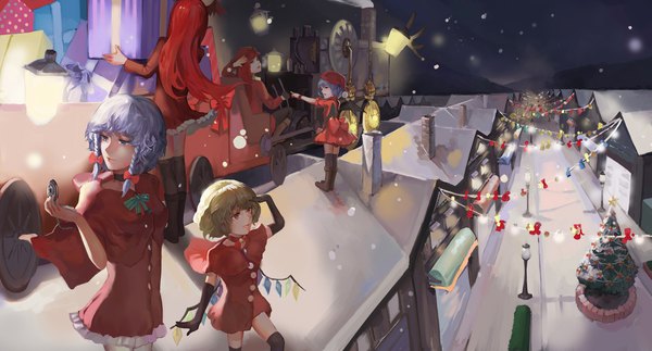 イラスト 4593x2480 と 東方 フランドール・スカーレット レミリア・スカーレット 十六夜咲夜 紅美鈴 小悪魔(東方project) jiliang ji ying 長髪 前髪 highres 短い髪 開いた口 金髪 笑顔 赤い目 wide image 立つ multiple girls holding 緑の目