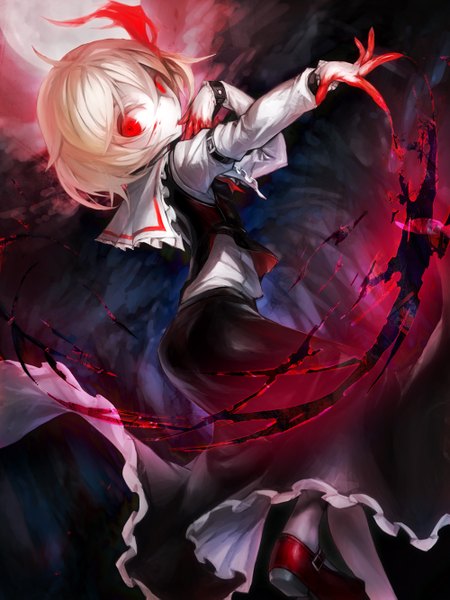 Anime picture 1000x1333 with touhou rumia spark621 single tall image looking at viewer blonde hair red eyes outstretched arm finger to mouth darkness girl skirt ribbon (ribbons) hair ribbon shirt blood vest skirt set