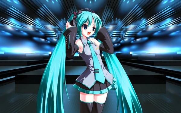 Anime picture 1920x1200 with vocaloid hatsune miku single long hair highres open mouth blue eyes wide image twintails aqua hair girl thighhighs detached sleeves headphones