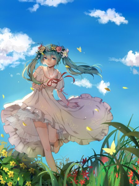 Anime picture 1560x2080 with vocaloid hatsune miku yun (ljw893053278) single long hair tall image looking at viewer fringe open mouth smile hair between eyes twintails holding payot sky cloud (clouds) bent knee (knees) head tilt hair flower aqua eyes