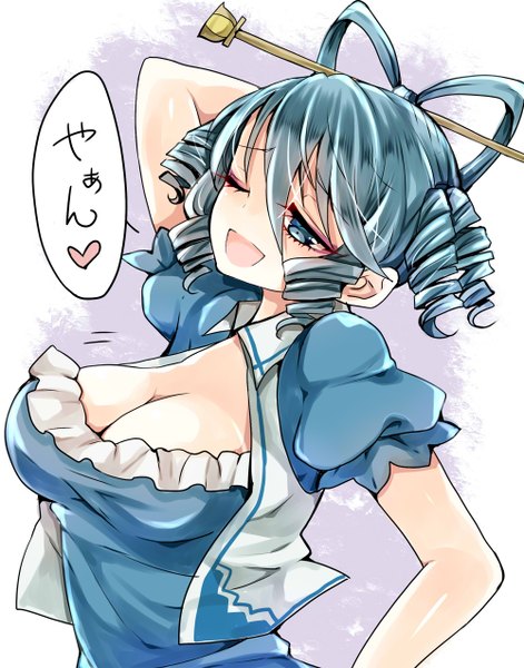 Anime picture 1000x1272 with touhou kaku seiga mimoto (aszxdfcv) single tall image short hair breasts open mouth blue eyes light erotic large breasts twintails blue hair looking away cleavage one eye closed wink hand on hip drill hair alternate hairstyle