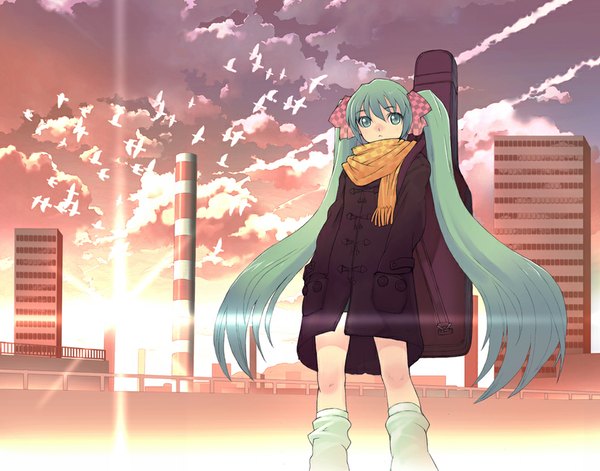 Anime picture 1000x785 with vocaloid hatsune miku hirokiku single long hair twintails cloud (clouds) aqua eyes aqua hair evening sunset girl animal scarf bird (birds) coat