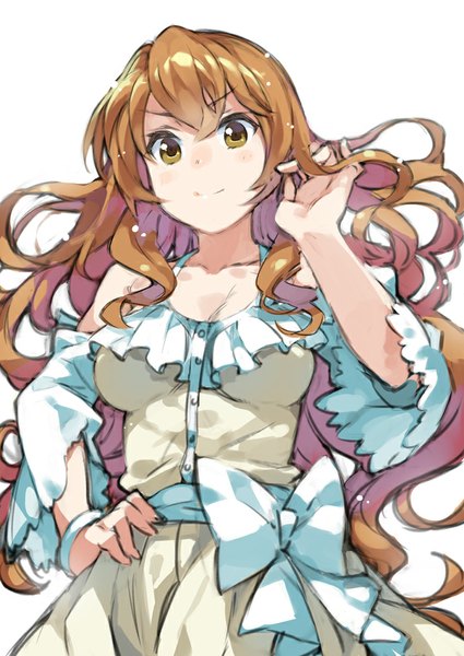 Anime picture 708x1000 with golden time j.c. staff kaga kouko yasu long hair tall image looking at viewer simple background smile brown hair white background brown eyes hand on hip girl dress