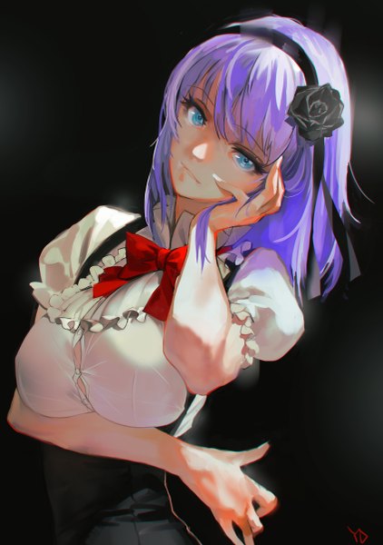 Anime picture 845x1200 with dagashi kashi feel (studio) shidare hotaru yd (orange maru) single tall image looking at viewer fringe short hair breasts blue eyes light erotic simple background large breasts signed purple hair upper body head tilt puffy sleeves black background