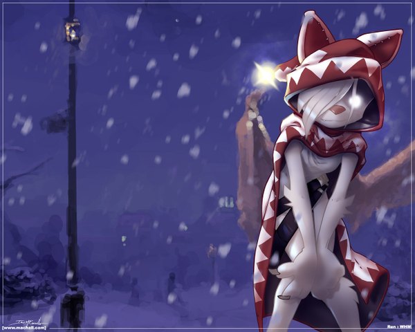 Anime picture 1280x1024 with final fantasy square enix white mage ian mcconville single fringe signed white hair hair over one eye night leaning leaning forward glowing snowing winter blue background snow glowing eye (eyes) animal hood hood
